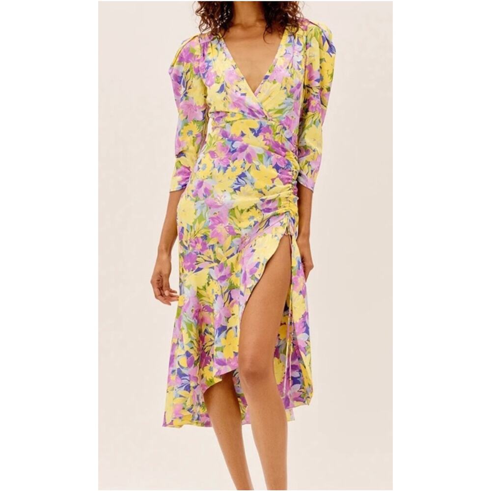 For Love and Lemons Cassia Dress Size 1X NWT Yellow Floral Ruched Midi Cocktail